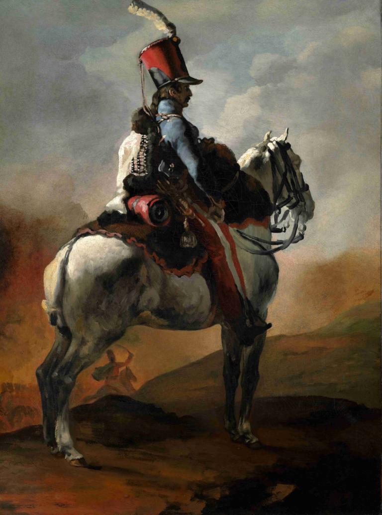 Trumpeter of the Hussars,Théodore Géricault,Oil Painting,Oil Painting, horse, hat, horseback riding, solo