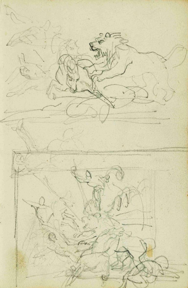 Two compositional studies of a lion hunt,Twee compositiestudies van een leeuwenjacht,Théodore Géricault