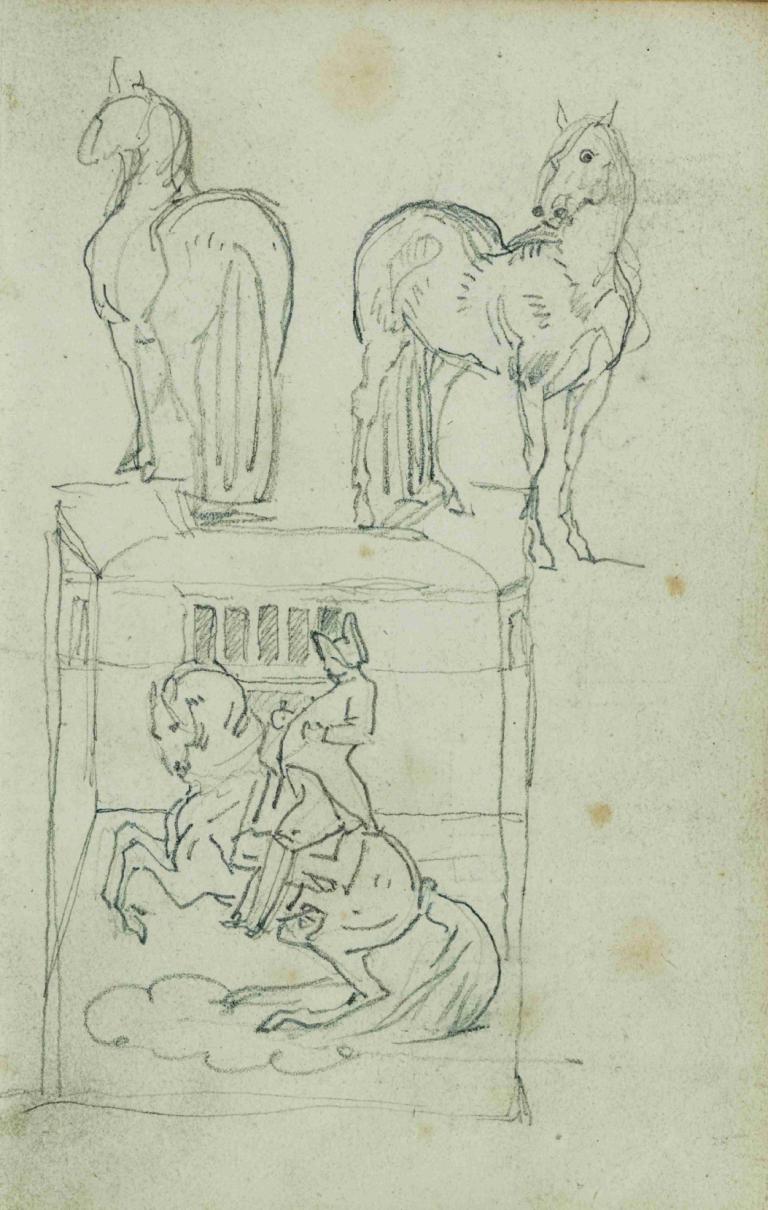 Two standing horses, Man riding a rearing horse,Twee staande paarden, man op steigerend paard