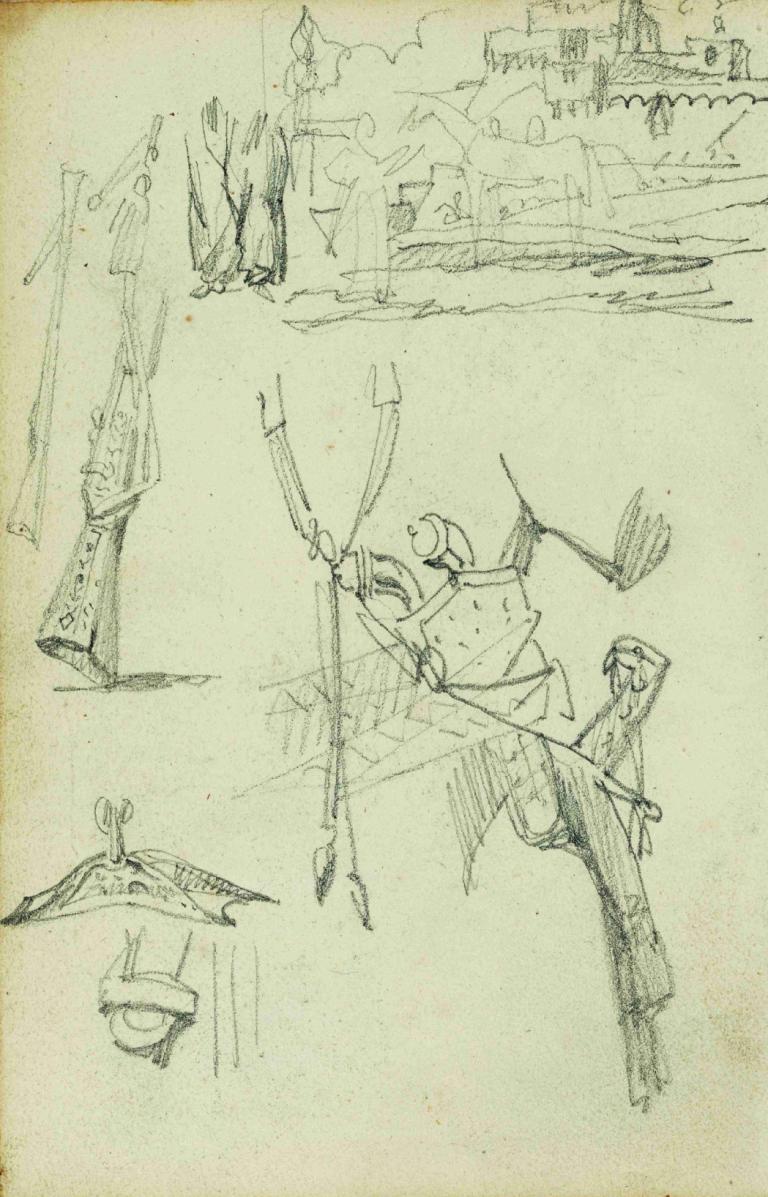 Weapon studies, compositional study of castle scene,Wapenstudies, compositiestudie van kasteelscène