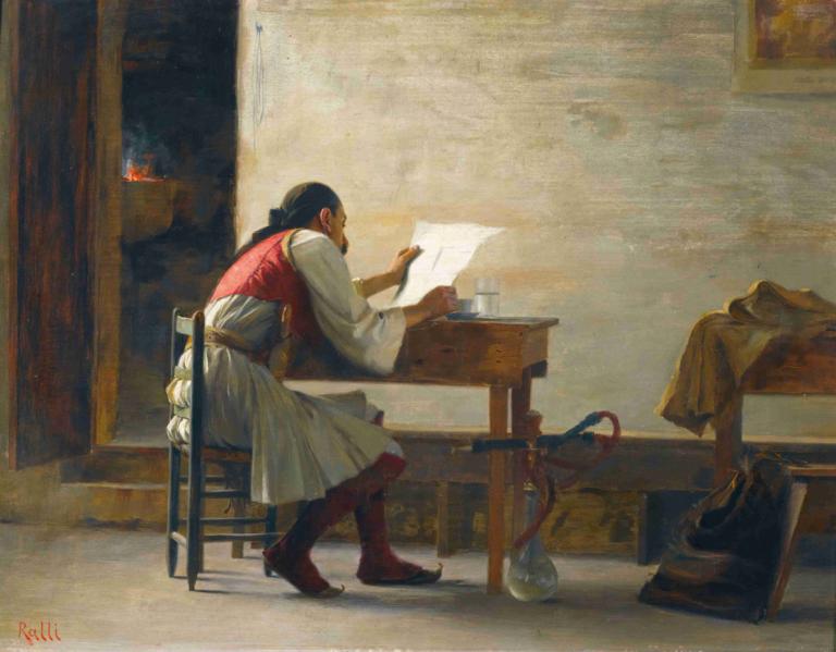 A Good Read,Una buona lettura,Theodoros Ralli,Pittura ad olio,Pittura ad olio, 1 ragazza, stivali, assolo