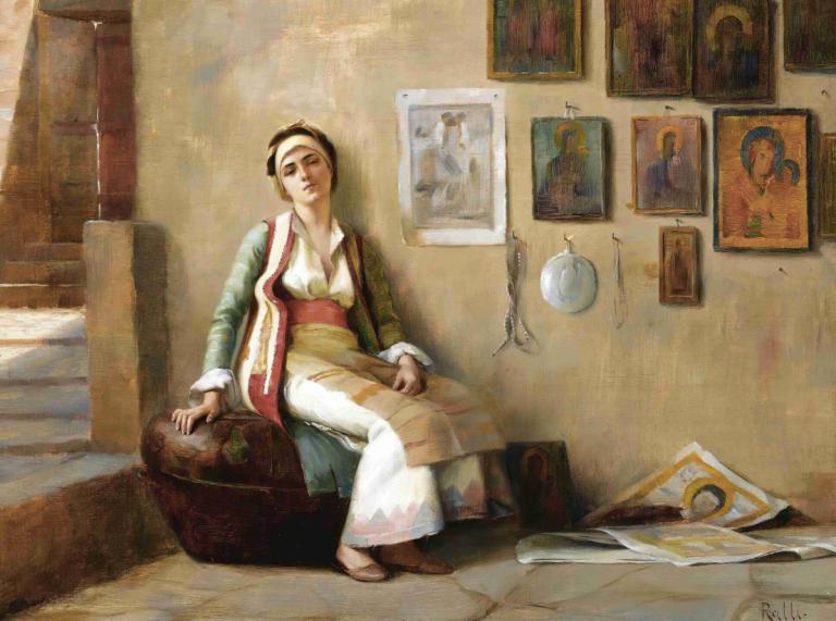 A Moment's Rest,Theodoros Ralli,Oil Painting,Oil Painting, 1girl, solo, fine art parody, sitting, realistic