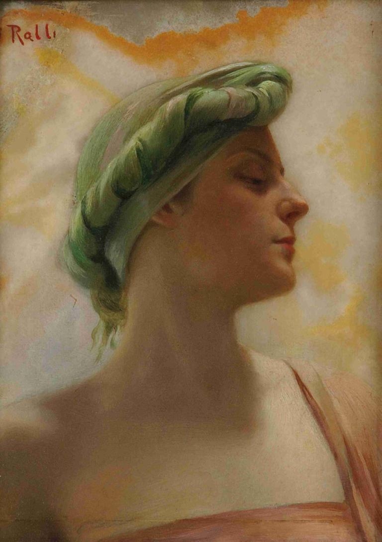 An oriental beauty,Theodoros Ralli,Oil Painting,Oil Painting, solo, green hair, closed eyes