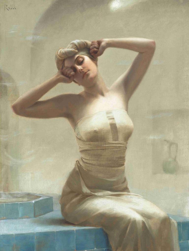 At the bath,Theodoros Ralli,Oil Painting,Oil Painting, 1girl, solo, sitting, dress, realistic, closed eyes