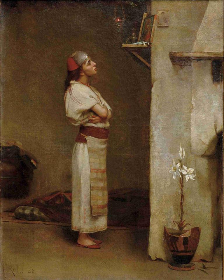 Devotion,Theodoros Ralli,Oil Painting,Oil Painting, crossed arms, flower, solo, vase, 1boy, male focus