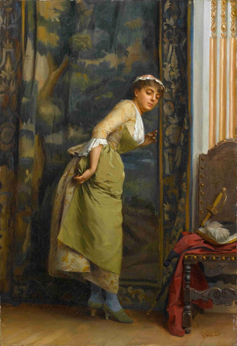 Eavesdropping,Theodoros Ralli,Oil Painting,Oil Painting, 1girl, solo, dress, high heels, indoors