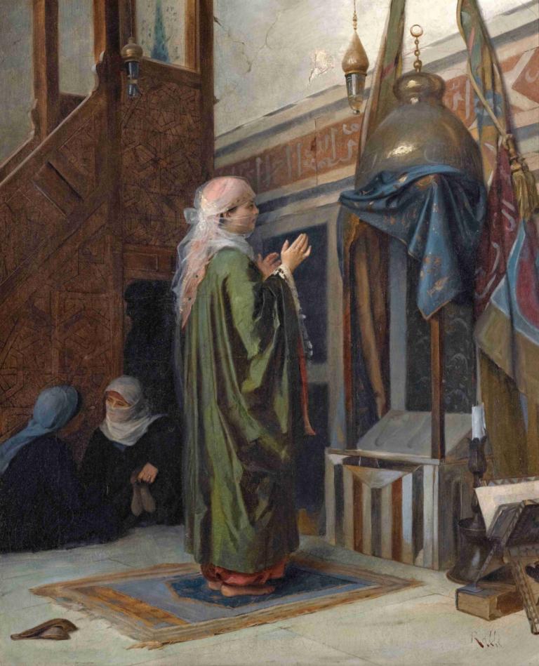 In the Mosque,Theodoros Ralli,Oil Painting,Oil Painting, long hair, robe, standing, white hair, indoors