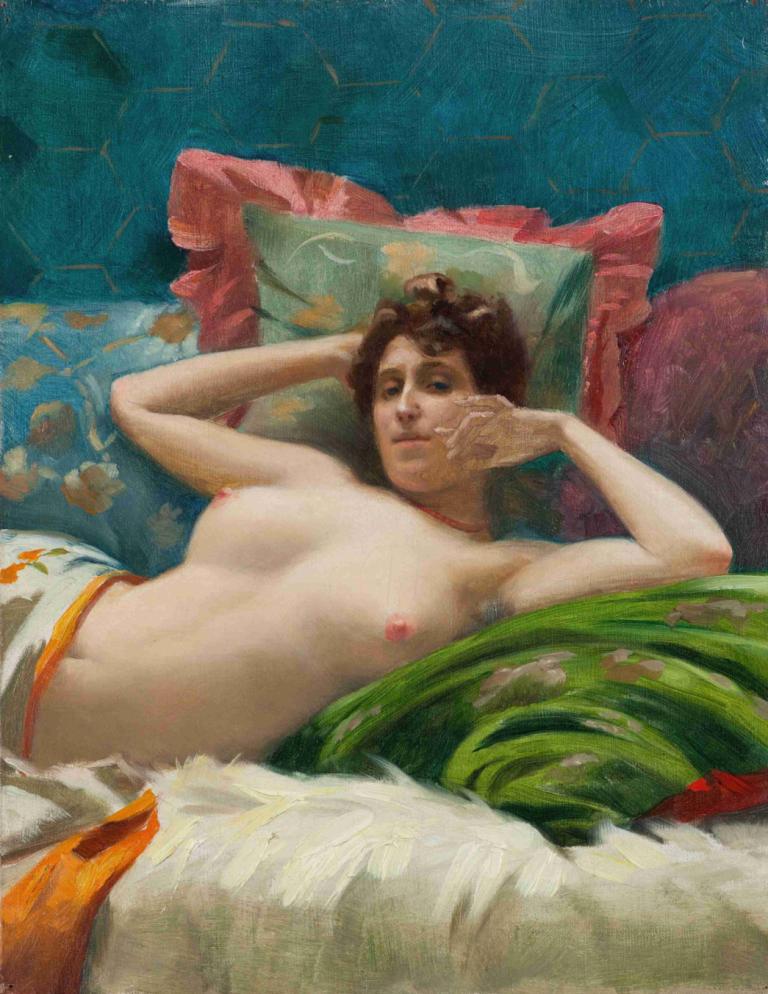 Odalisque,Theodoros Ralli,狄奥多罗斯-拉利,油画,油画, 1个女孩, 乳头, 独奏, 乳房, 实际的, 枕头, 说谎, 棕色的头发, 脐, 美术模仿, 传统媒体, 赤裸上身, 中等乳房, 裸体