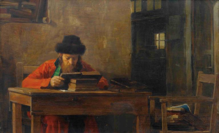 Reading Rabbi,Čtení rabín,Theodoros Ralli,Olejomalba,Olejomalba, sólo, 1 kluk, mužské zaměření, sedící, židle