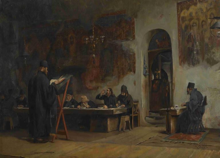 Refectory In A Greek Monastery [Mount Athos],希臘修道院的食堂[阿託斯山],Theodoros Ralli,西奧多羅斯·拉利,油畫,油畫, 桌子, 美術模仿, 繪畫（物體）