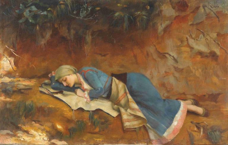 Resting Greek Girl,Theodoros Ralli,Oil Painting,Oil Painting, 1girl, solo, lying, dress, on side