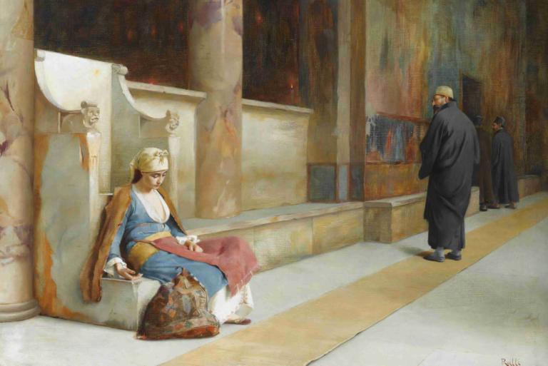 Resting In A Greek Monastery,在一座希臘修道院休息,Theodoros Ralli,西奧多羅斯·拉利,油畫,油畫, 金髮, 美術模仿, 1個女孩, 多個男孩, 乳房, 劈裂, 鬍鬚, 鬍子