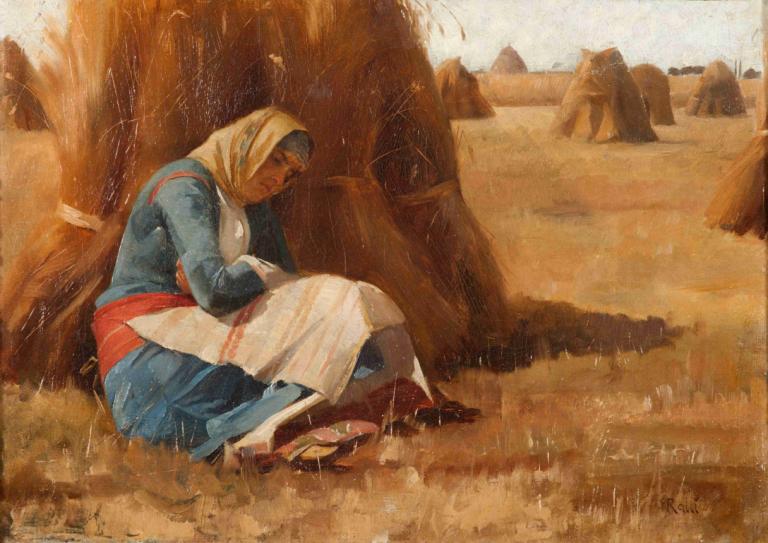 Resting by a haystack,Theodoros Ralli,Oil Painting,Oil Painting, sitting, traditional media, 1boy, solo, tree