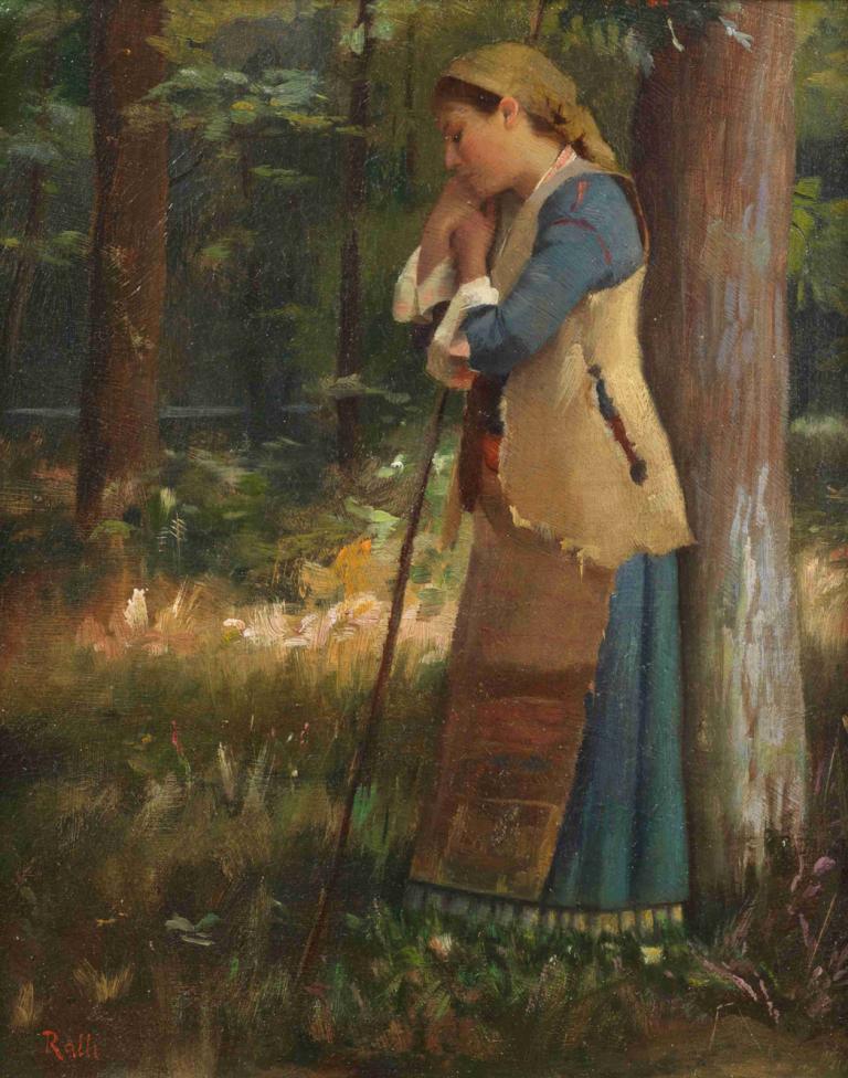 Resting shepherdess,Theodoros Ralli,Oil Painting,Oil Painting, 1girl, solo, tree, dress, braid, outdoors