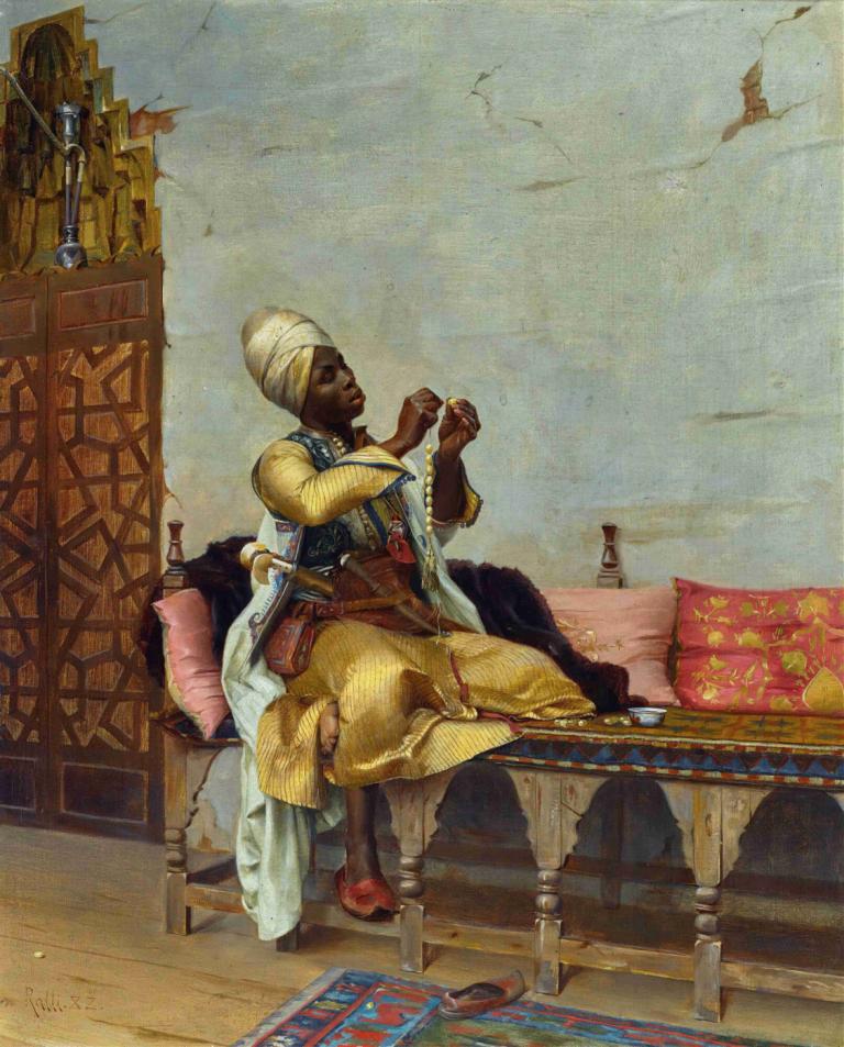 Stringing Pearls,Theodoros Ralli,Oil Painting,Oil Painting, dark skin, solo, 1boy, fine art parody, sitting