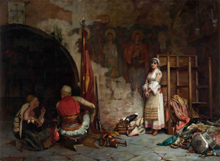 The Captive (Turkish Plunder),Theodoros Ralli,Oil Painting,Oil Painting, 1girl, blood, corpse, black hair