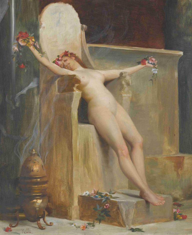 The Offering,Oferta,Theodoros Ralli,Pictura in ulei,Pictura in ulei, parodie artistică, 1 fata, nud, floare