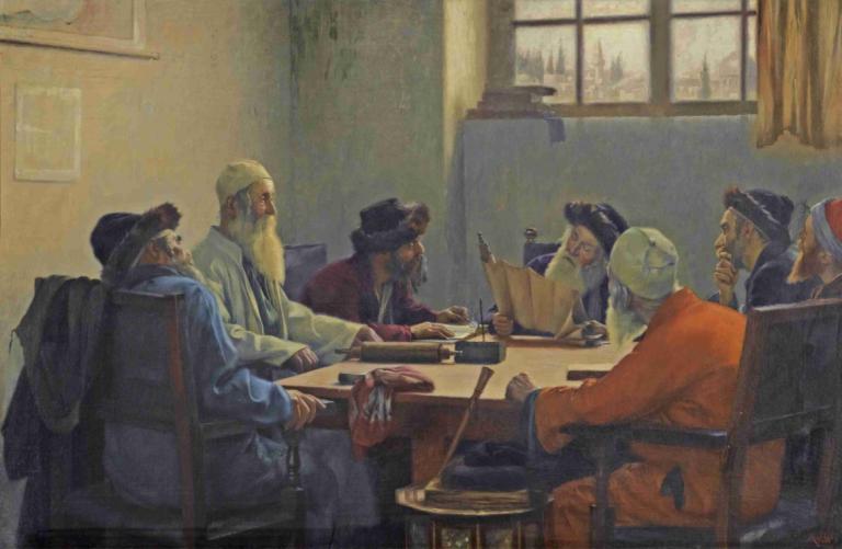 The Seven Rabbis in Jerusalem,Theodoros Ralli,Oil Painting,Oil Painting, multiple boys, window, indoors