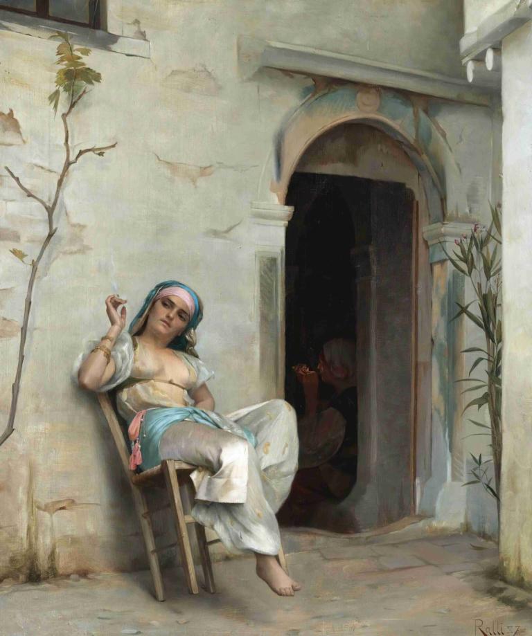 Turkish Woman Smoking,Theodoros Ralli,Oil Painting,Oil Painting, barefoot, fine art parody, realistic