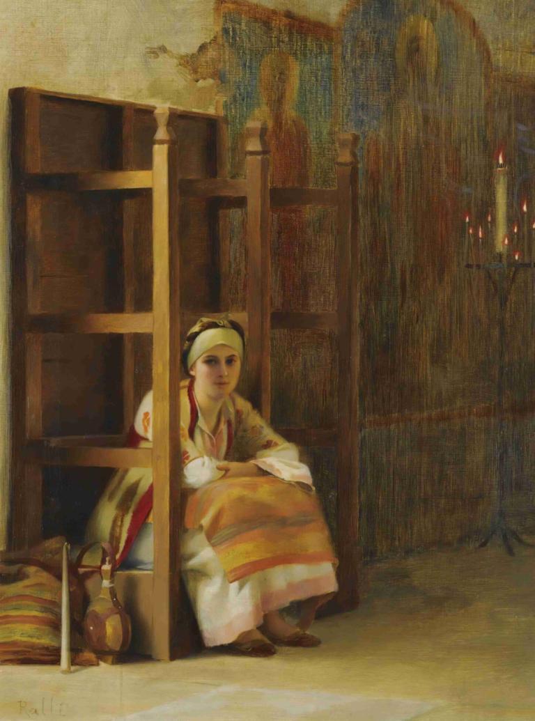 Young Girl In A Greek Church,Theodoros Ralli,Oil Painting,Oil Painting, 1girl, solo, traditional media