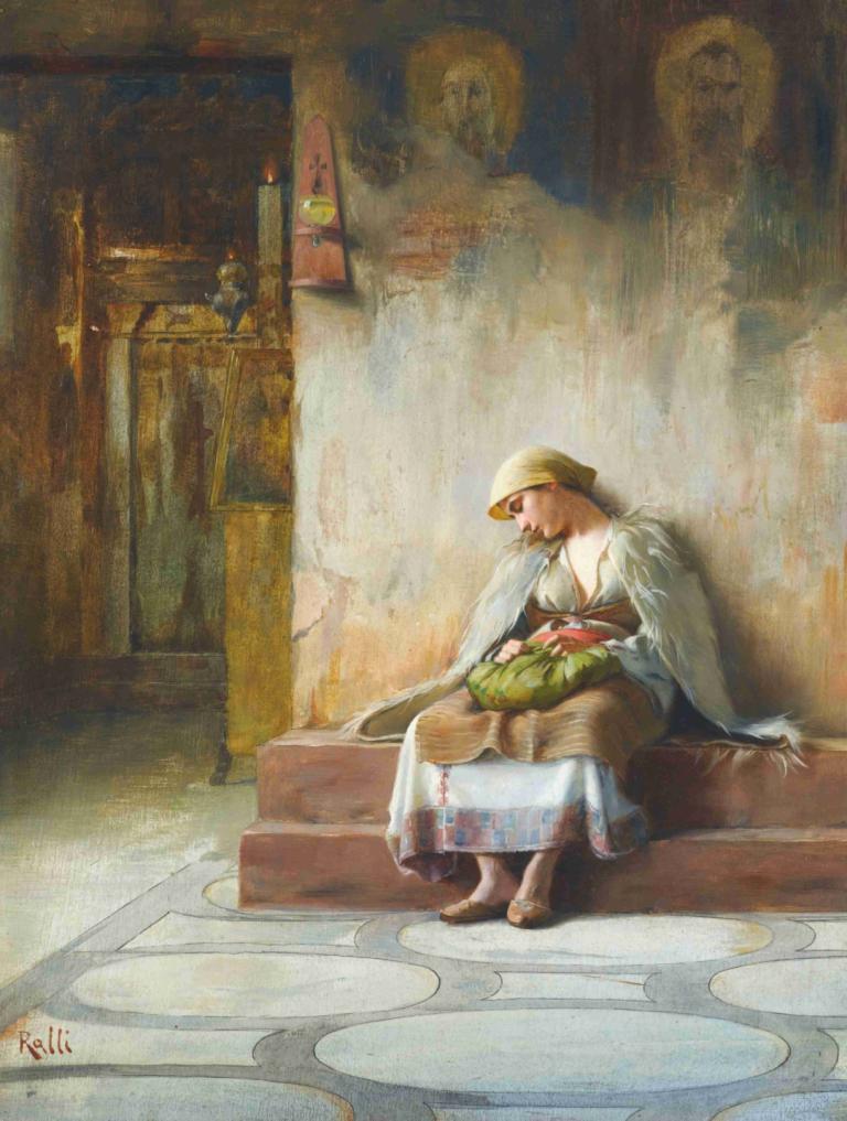 Young Girl Sleeping In A Church,Theodoros Ralli,Oil Painting,Oil Painting, 1girl, fine art parody, hat, solo