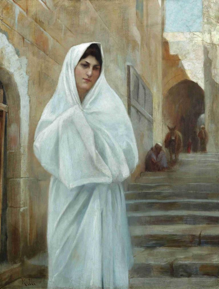 Young Girl, Jerusalem,Theodoros Ralli,Oil Painting,Oil Painting, realistic, stairs, traditional media