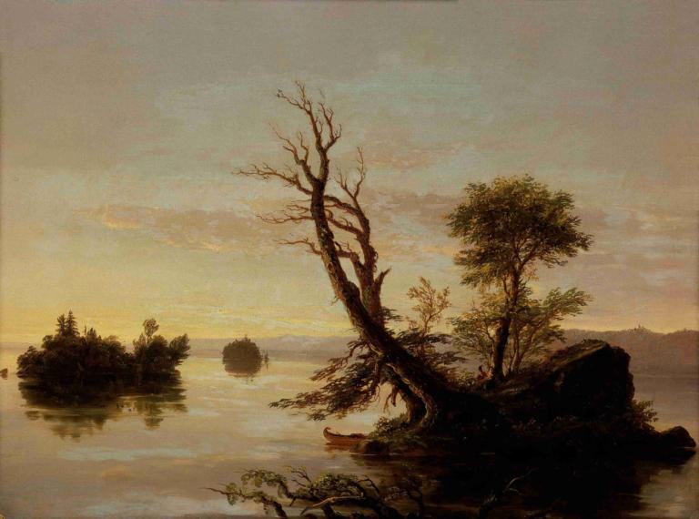 American Lake Scene,Thomas Cole,Oil Painting,Oil Painting, no humans, tree, scenery, outdoors, sky, water