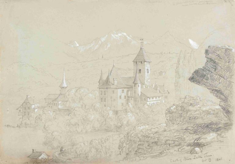 Castle of Spiez, Lake Thun,Thomas Cole,Sketch,Sketch, mountain, scenery, castle, monochrome