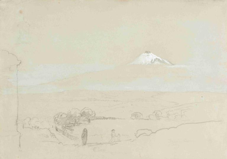 Distant View of Mount Etna,Thomas Cole,Sketch,Sketch, monochrome, 1girl, mountain, tree, outdoors, scenery