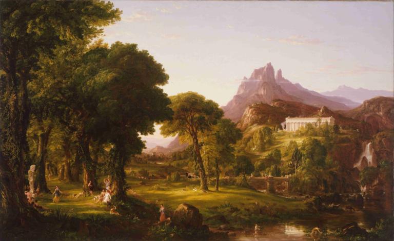 Dream of Arcadia,Thomas Cole,Oil Painting,Oil Painting, scenery, tree, outdoors, nature, river, landscape