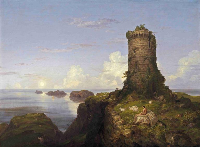 Italian Coast Scene with Ruined Tower,Italienische Küstenszene mit ruiniertem Turm,Thomas Cole,Ölgemälde