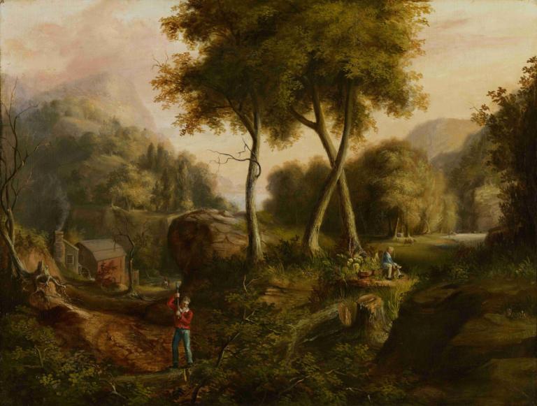 Landscape,Landschaft,Thomas Cole,Ölgemälde,Ölgemälde, Baum, Landschaft, draußen, Natur, 1Junge, Hut, Gras