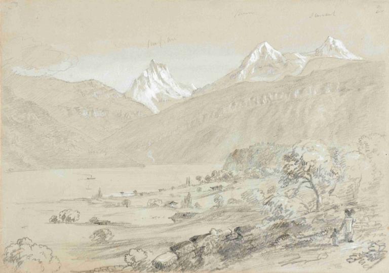 Landscape with Jungfrau,น้ําภูเขาของหญิงสาว,Thomas Cole,โทมัส โคล,ร่าง,ร่าง, ภูเขา, ขาวดำ, สื่อแบบดั้งเดิม