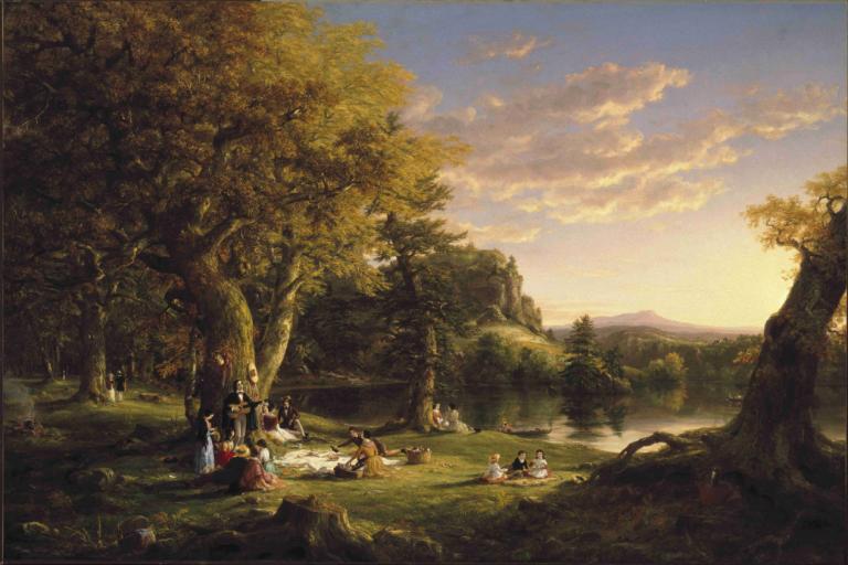 The Pic-Nic,De Pic-Nic,Thomas Cole,Olieverf,Olieverf, landschap, boom, natuur, buitenshuis, meerdere meisjes