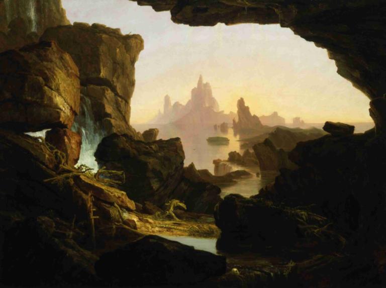 The Subsiding of the Waters of the Deluge,大洪水的消退,Thomas Cole,托马斯-科尔,油画,油画, 风景, 户外, 水, 瀑布, 没有人类, 岩石, 悬崖, 河, 景观