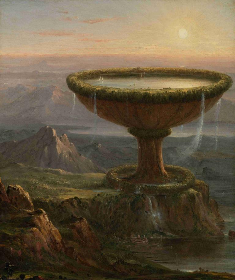 The Titan's Goblet,泰坦之杯,Thomas Cole,托马斯-科尔,油画,油画, 风景, 没有人类, 户外, 水, 天空, 云, 山, 瀑布, 蘑菇, 日落, 传统媒体, 景观