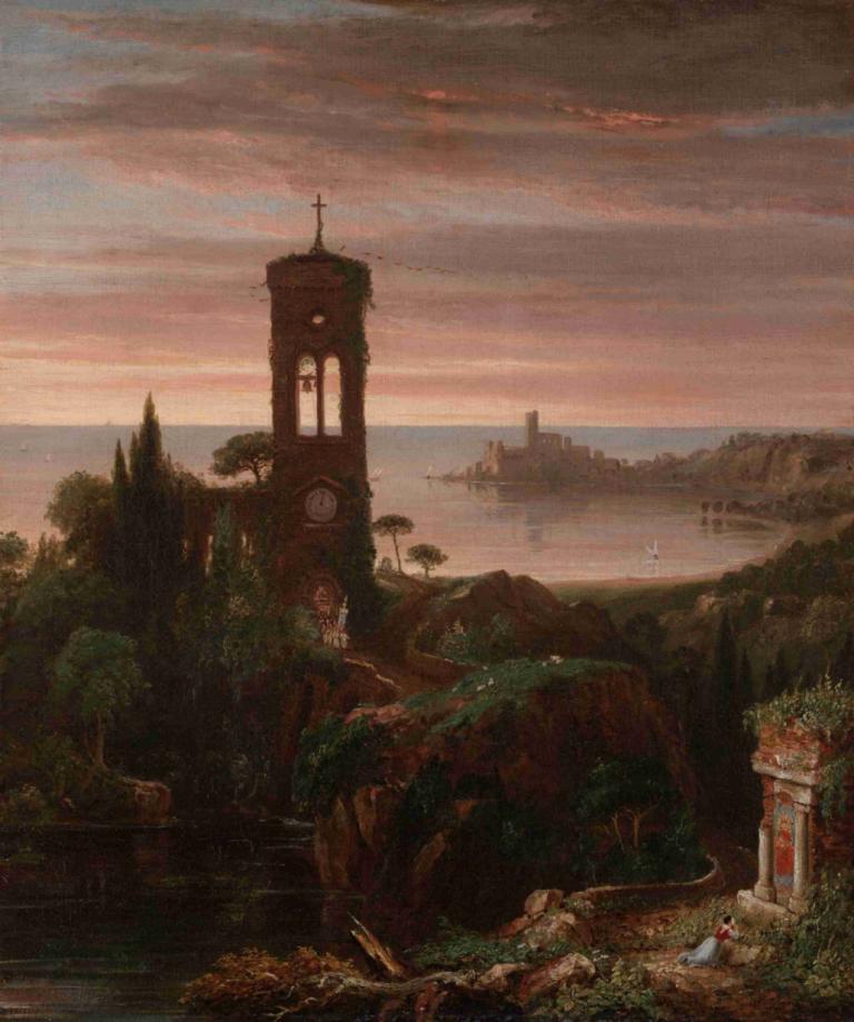 The Vesper Hymn,晚祷赞美诗,Thomas Cole,托马斯-科尔,油画,油画, 风景, 没有人类, 户外, 云, 塔, 天空, 树, 钟, 废墟, 水, 草, 多云的天空, 植物, 建筑, 日落