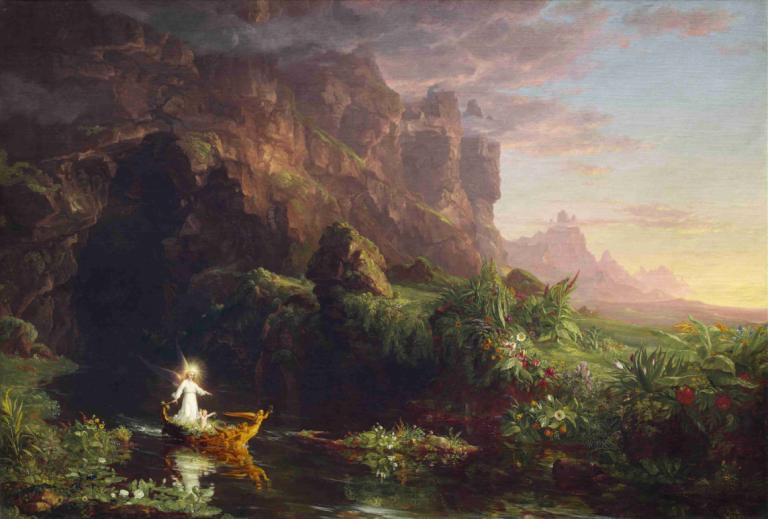 The Voyage of Life - Childhood,生命之旅 - 童年,Thomas Cole,托马斯-科尔,油画,油画, 风景, 户外, 天空, 水, 云, 草, 花, 1个女孩, 独奏, 植物