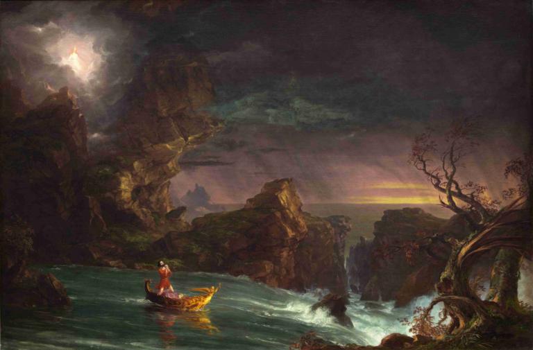 The Voyage of Life - Manhood,生命之旅 - 男子气概,Thomas Cole,托马斯-科尔,油画,油画, 风景, 水, 船只, 树, 船, 云, 户外, 天空, 河, 坐着, 1个女孩, 尾巴