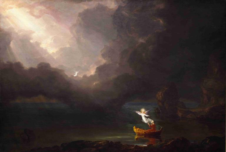 The Voyage of Life - Old Age,生命之旅--老年,Thomas Cole,托马斯-科尔,油画,油画, 风景, 云, 户外, 天空, 船只, 水, 1个女孩, 独奏, 多云的天空, 船, 海洋