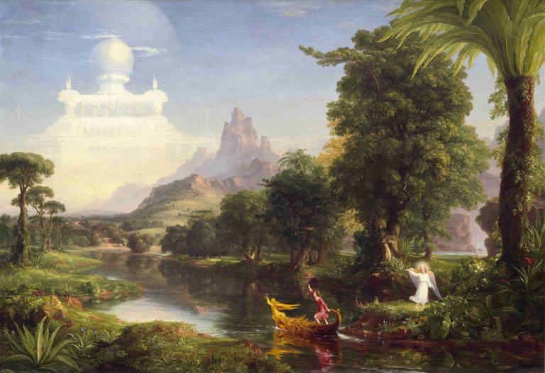 The Voyage of Life - Youth,生命之旅 - 青春,Thomas Cole,托马斯-科尔,油画,油画, 树, 风景, 户外, 1个女孩, 天空, 水, 云, 自然, 草, 裙子, 湖, 河, 天