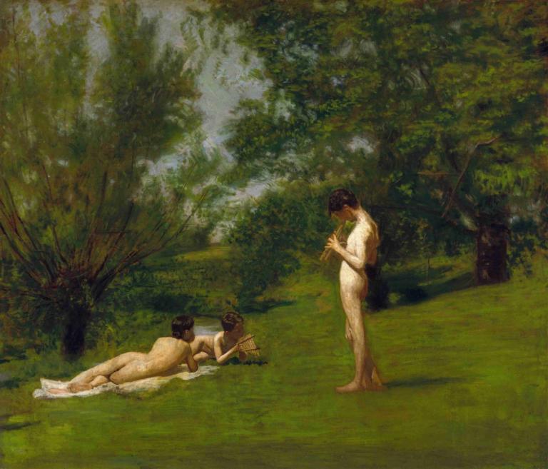 Arcadia,Thomas Eakins,Oil Painting,Oil Painting, fine art parody, nude, tree, ass, lying, multiple boys