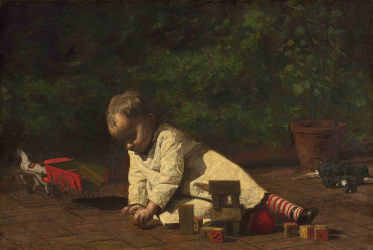 Baby at Play,Thomas Eakins,Oil Painting,Oil Painting, solo, plant, 1boy, male focus, striped, child