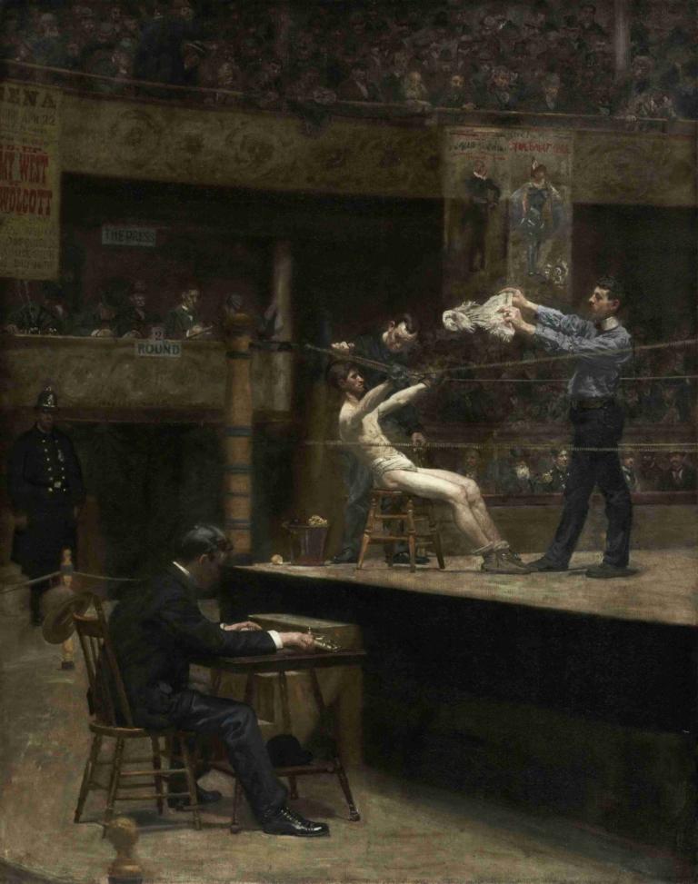 Between Rounds,Thomas Eakins,Oil Painting,Oil Painting, multiple boys, fine art parody, pants, male focus