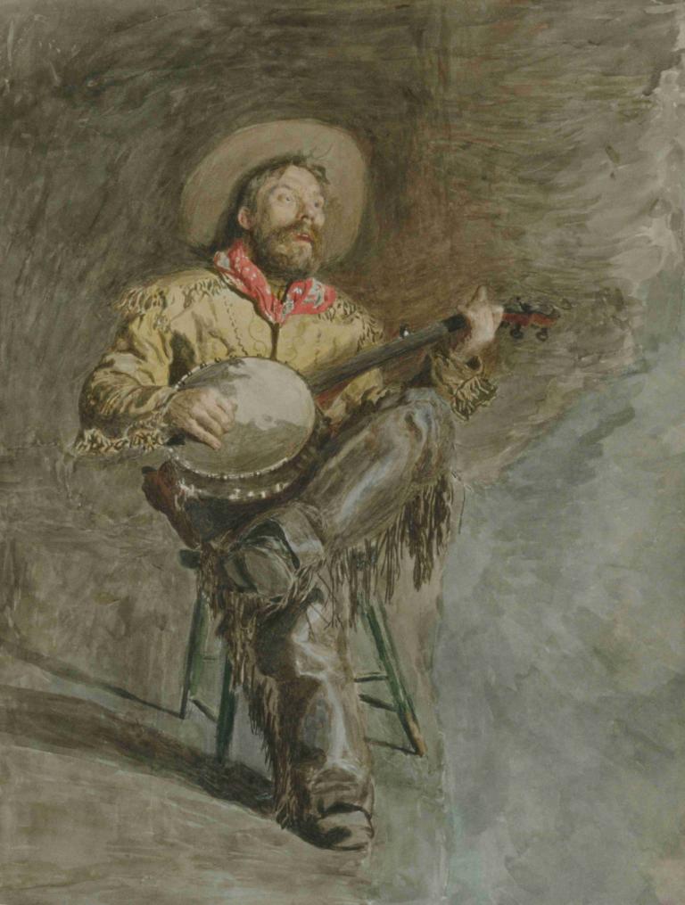 Cowboy Singing,Thomas Eakins,Oil Painting,Oil Painting, 1boy, instrument, male focus, solo, facial hair