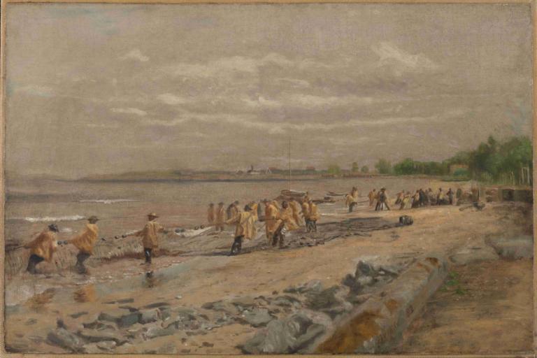 Hauling the Seine,Thomas Eakins,Oil Painting,Oil Painting, outdoors, multiple boys, cloud, ocean, scenery