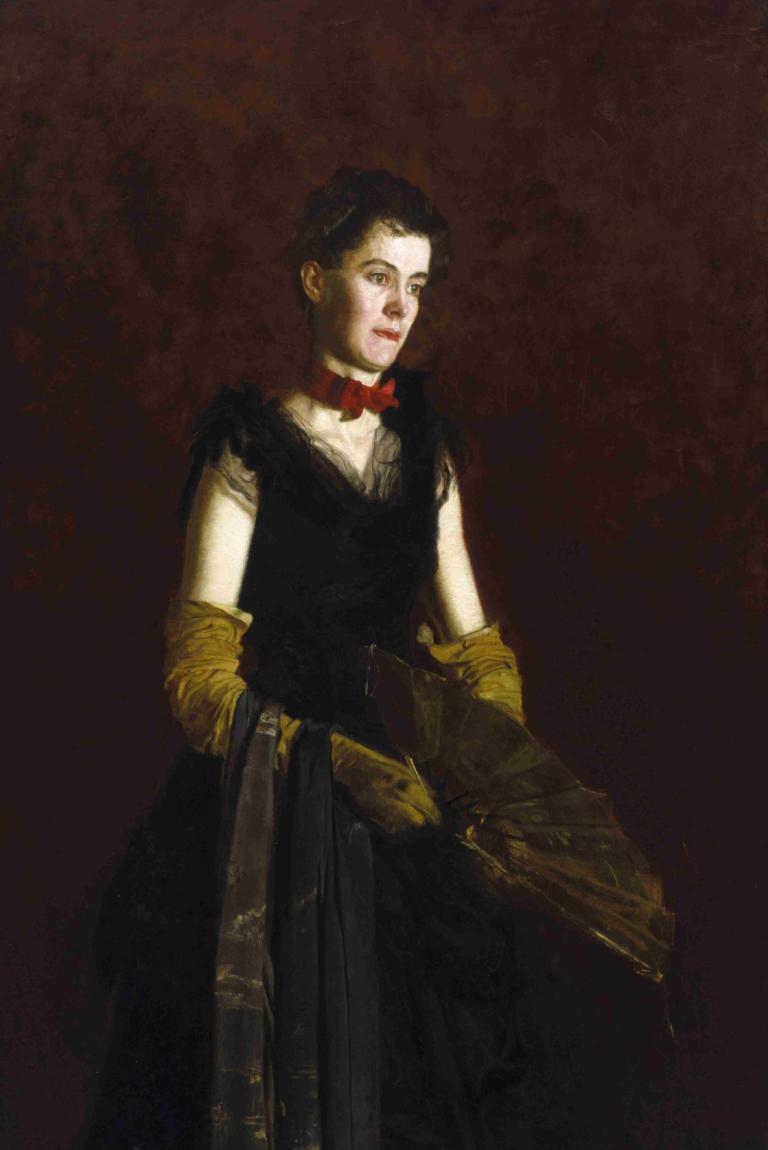 Letitia Wilson Jordan,Thomas Eakins,Oil Painting,Oil Painting, solo, 1girl, dress, black hair, bow, gloves