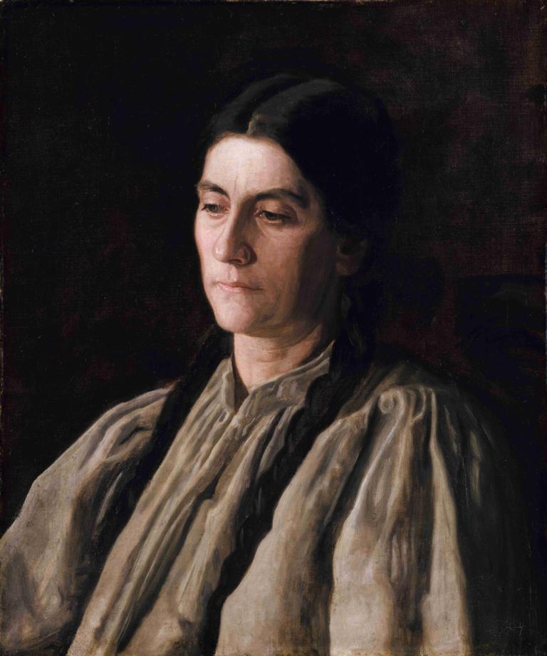 Mother (Annie Williams Gandy),母亲（安妮-威廉姆斯-甘迪）,Thomas Eakins,托马斯-伊金斯,油画,油画, 独奏, 黑发, 编织, 实际的, 长发, 上半身, 1男孩, 男性焦点