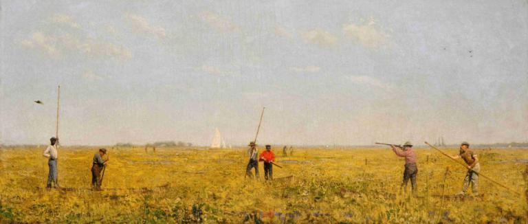 Pushing for Rail,Thomas Eakins,Oil Painting,Oil Painting, multiple boys, outdoors, field, cloud, sky, 6+boys