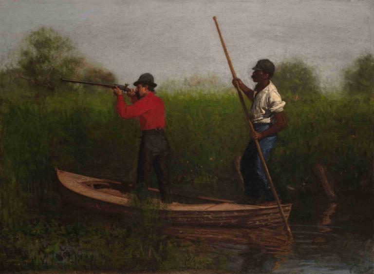 Rail Shooting on the Delaware,델라웨어에서 레일 슈팅하기,Thomas Eakins,토마스 이킨스,오일 페인팅,오일 페인팅, 여러 소년, 2boys, 선박, 보트, 검은 피부